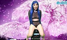 Sexy cosplay teen in fishnet outfit rides sybian while sucking multiple toys